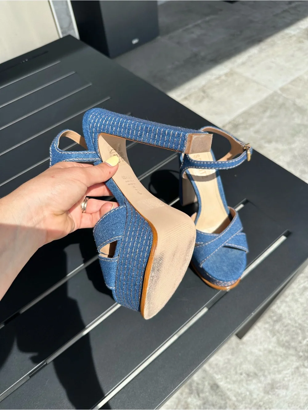SCHUTZ Blue Denim Platform Sandals with Ankle Buckle